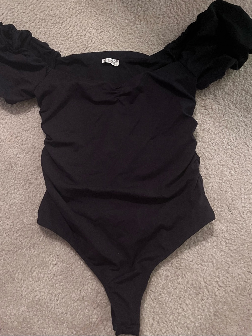 Free People Black Puff-Sleeve Square Neck Bodysuit